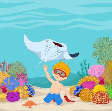 Cartoon little boy diving in underwater tropical sea clipart