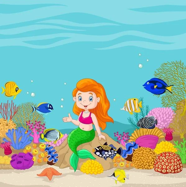 Cute Mermaid Presenting Underwater Background — Stock Vector