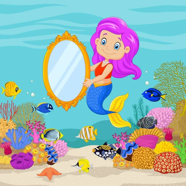 Cute Mermaid Holding Classic Mirror Underwater Background — Stock Vector