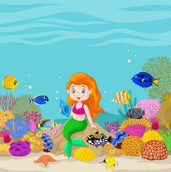 Cute Mermaid Presenting Underwater Background — Stock Vector