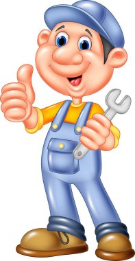 Tornavida tutan ve baş parmağını kaldıran sevimli mekanik karikatür.