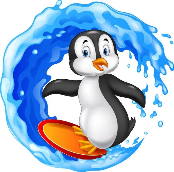 Pingüino Surfista Dibujos Animados Aislado Sobre Fondo Blanco — Vector de stock