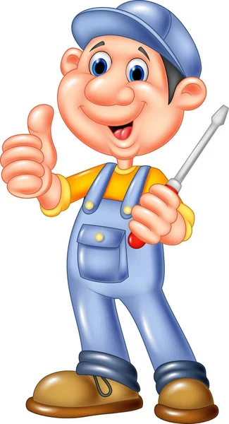 Cute Mechanic Cartoon Holding Screwdriver Giving Thumbs — Stock Vector