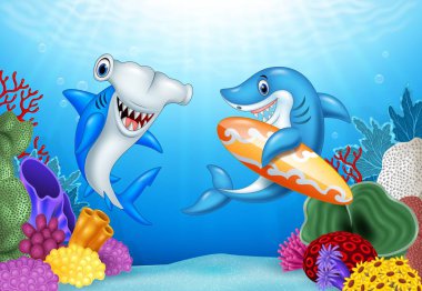 Cartoon sharks with tropical underwater background  clipart