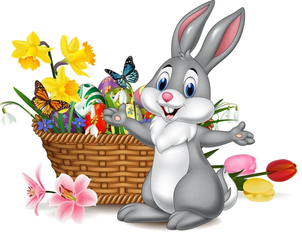 Sepetinde Paskalya yumurtası olan çizgi film tavşanı.