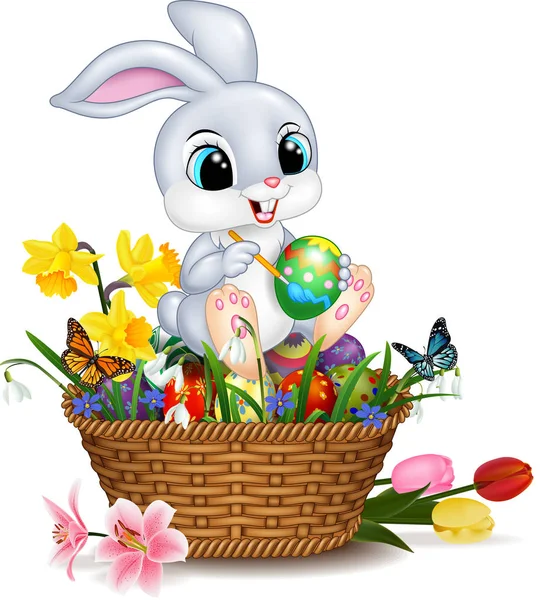 Cartoon Little Rabbit Painting Easter Egg — Stock Vector