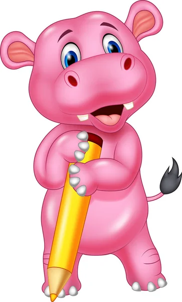 Lindo Dibujo Animado Hipopótamo Sosteniendo Lápiz Amarillo — Vector de stock