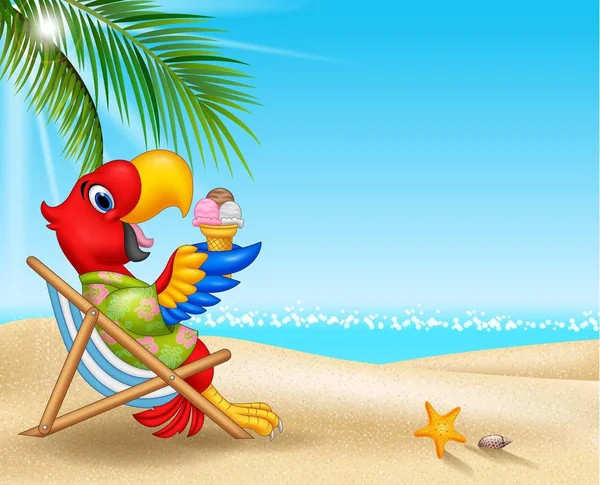 Cartoon Macaw Κάθεται Στην Καρέκλα Παραλία Και Τρώει Ένα Παγωτό — Διανυσματικό Αρχείο