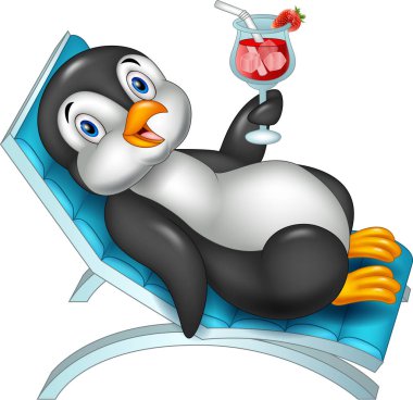 Çizgi film pengueni plaj sandalyesinde oturuyor ve elinde kokteyl tutuyor.