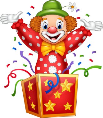 Cartoon clown jumping out of the box clipart