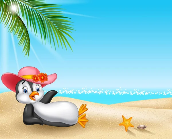 Cartoon Female Penguin Relaxing Beach — Stock Vector