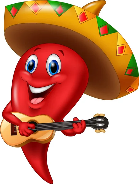 Chili Pimenta Mariachi Vestindo Sombrero Tocando Uma Guitarra —  Vetores de Stock