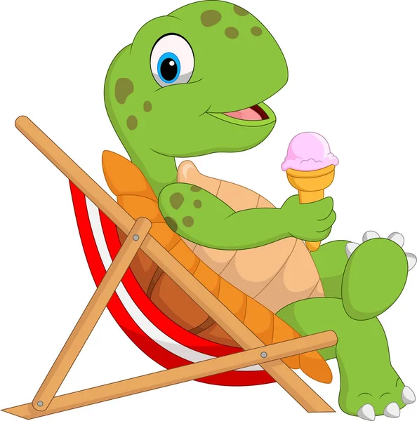 Cartoon Turtle Sitting Beach Chair Holding Ice Cream — Stock Vector
