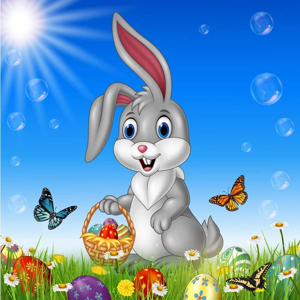 Conejo Dibujos Animados Sosteniendo Una Cesta Pascua — Vector de stock