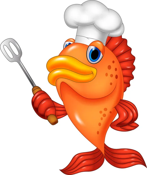 Kartun Chef Fish Memegang Spatula - Stok Vektor