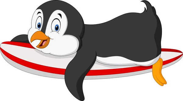 Penguin Surfing Kreskówka Białym Tle — Wektor stockowy