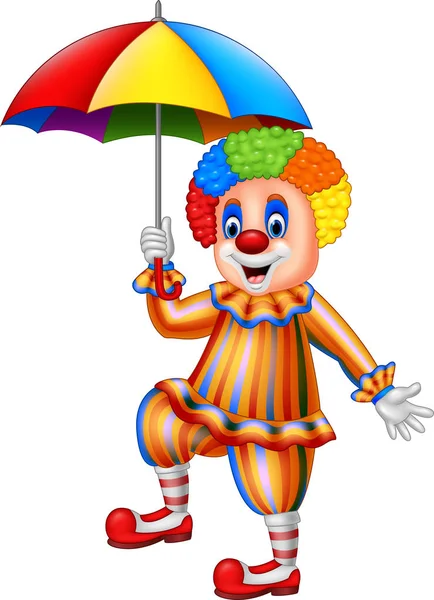 Cartone Animato Buffo Clown Possesso Ombrello — Vettoriale Stock