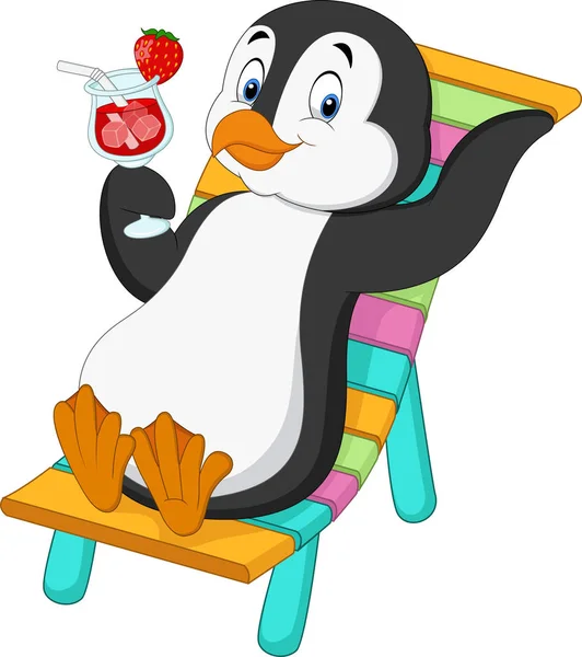 Pingüino Dibujos Animados Sentado Silla Playa Celebración Cóctel — Vector de stock