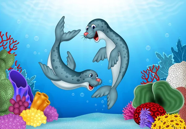 Мультфильм Уплотнения Подводным Фоном — стоковый вектор