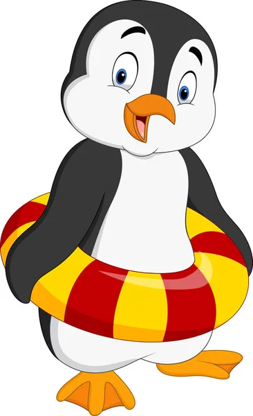 Penguin Kartun Dengan Cincin Tiup - Stok Vektor