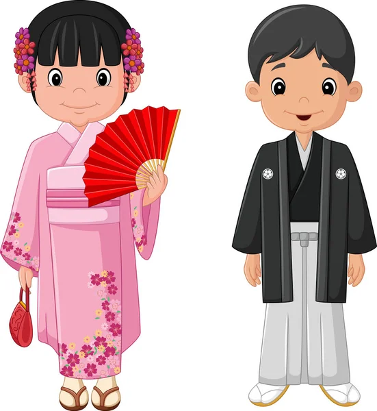 Cartoon Japanese Couple Wearing Traditional Costume — Stock Vector