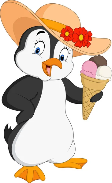 Pinguim Dos Desenhos Animados Segurando Sorvete — Vetor de Stock