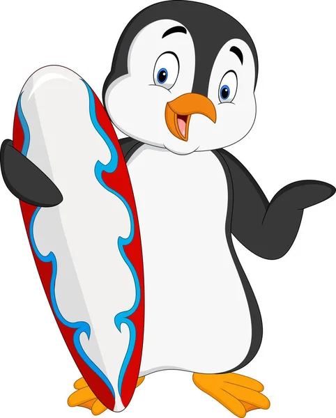 Pingüino Dibujos Animados Sosteniendo Tabla Surf — Vector de stock