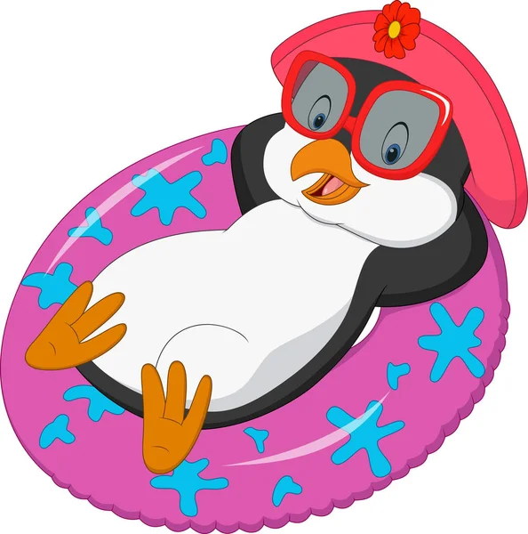 Pingüino Hembra Dibujos Animados Relajándose Anillo Inflable — Vector de stock