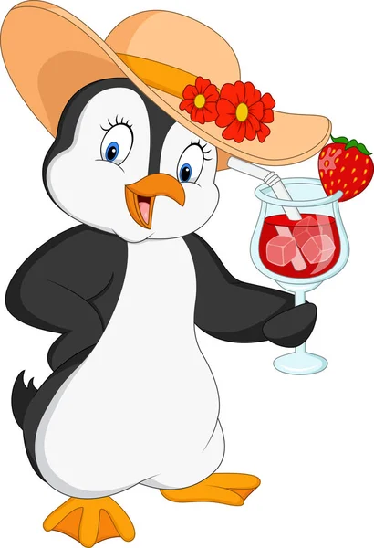Pinguim Dos Desenhos Animados Com Bebida Cocktail — Vetor de Stock