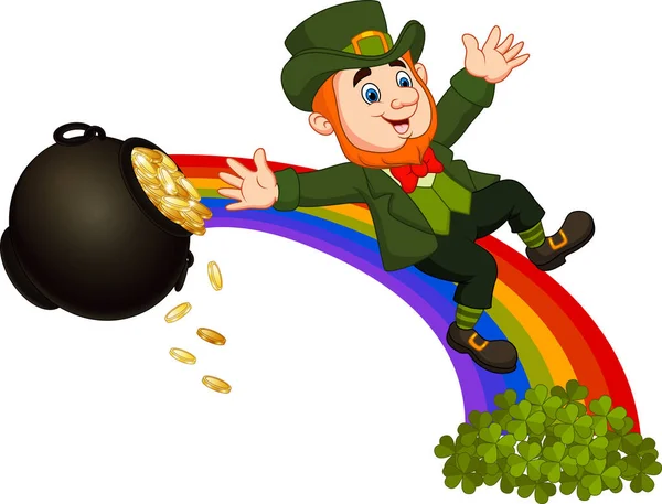 Dessin Animé Leprechaun Glisser Vers Bas Arc Ciel — Image vectorielle