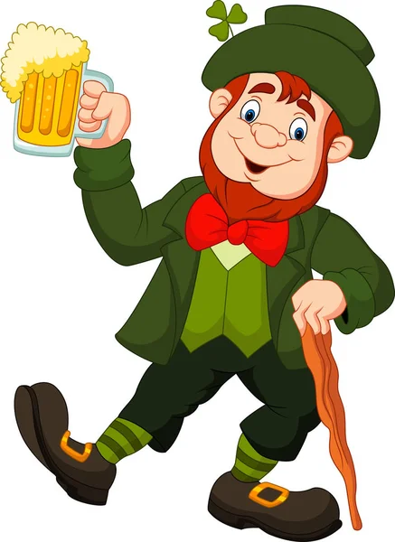 Dibujos Animados Feliz Duende Sosteniendo Vaso Cerveza — Vector de stock