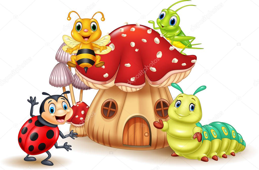 Cartoon funny insects with mushroom house
