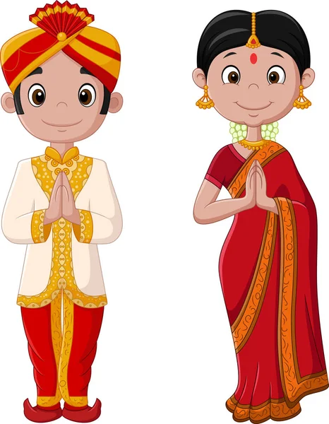 Desene Animate Indian Cuplu Poartă Costum Tradițional — Vector de stoc