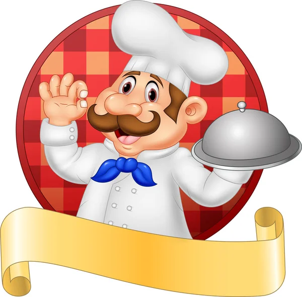 Cartoon Chef Tenendo Piatto Dando Segno — Vettoriale Stock