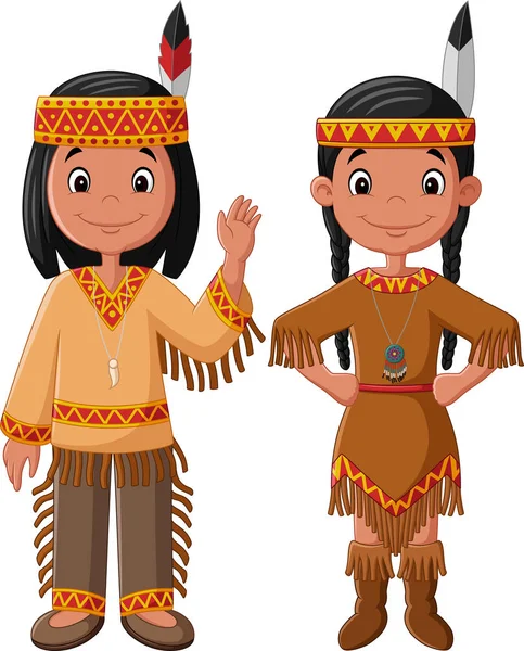 Pasangan Kartun Indian Amerika Asli Dengan Kostum Tradisional - Stok Vektor