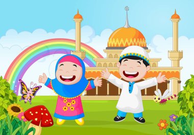 Mutlu müslüman çocuk gökkuşağıyla el sallıyor