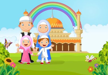 Çizgi film mutlu müslüman aile gökkuşağı ile