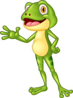 Çizgi film sevimli kurbağa el sallayarak 