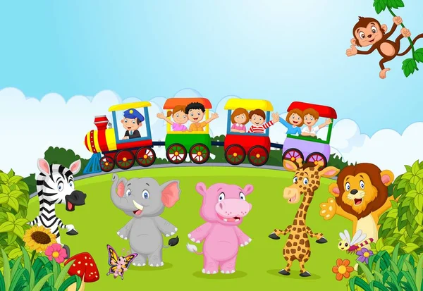 快乐的孩子们坐着五彩缤纷的火车和动物在一起 — 图库矢量图片