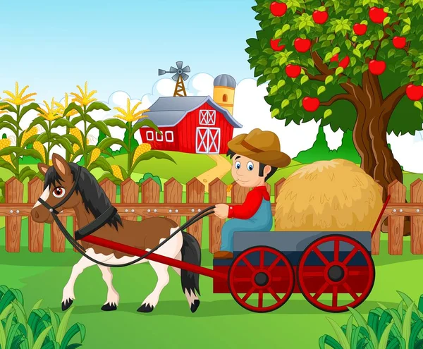 Desenhos Animados Menino Cavalo Fazenda —  Vetores de Stock