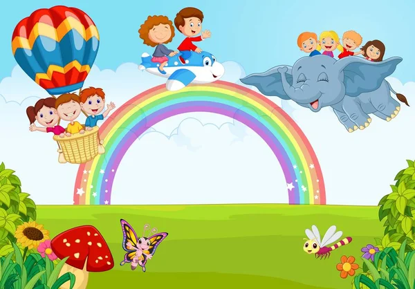 Cartoon Little Kid Rainbow — Stock Vector