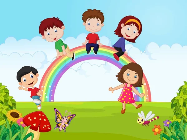 Kreslený Šťastné Děti Sedí Rainbow Džungli — Stockový vektor