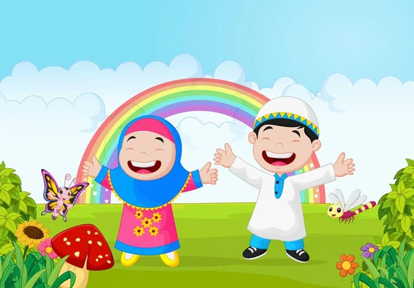 Happy Muslim Kid Waving Hand Rainbow — Stock Vector