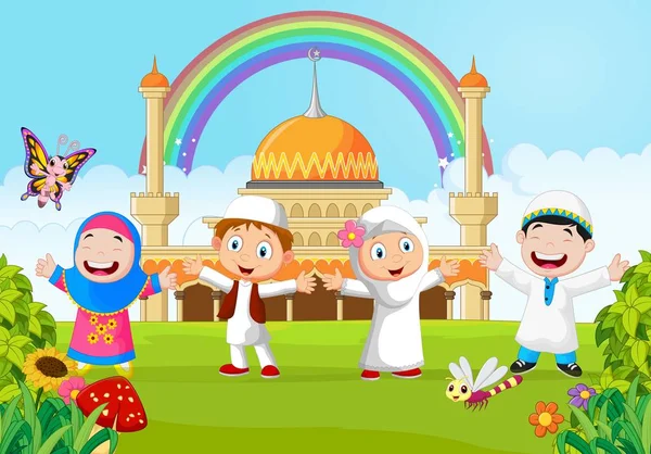 Dibujos Animados Niño Feliz Musulmán Con Arco Iris — Vector de stock