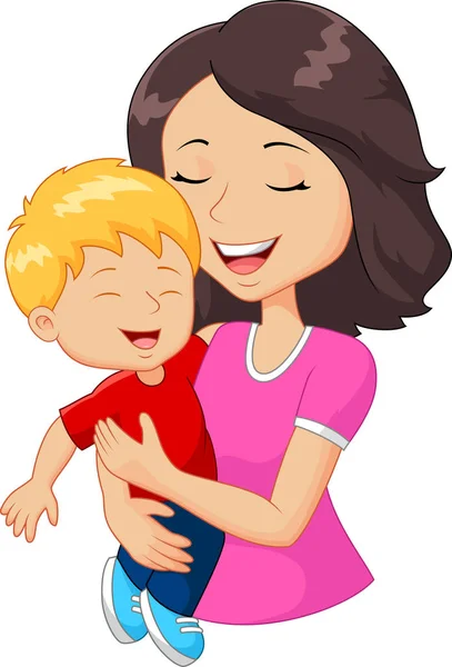 Cartoon Happy Familjen Mor Innehav Son — Stock vektor