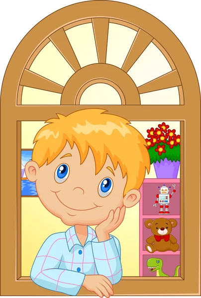 Cartoon Little Boy Smiling Watching Out Window — Stock Vector