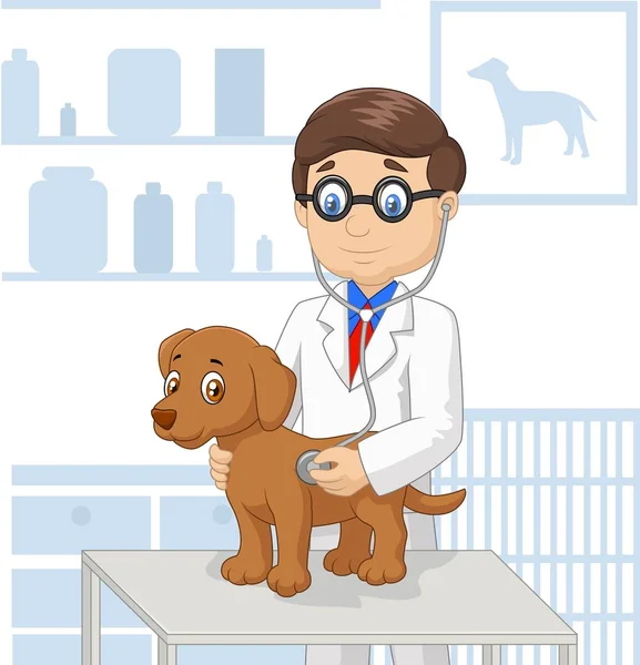 Desenhos Animados Veterinária Examinando Cão —  Vetores de Stock