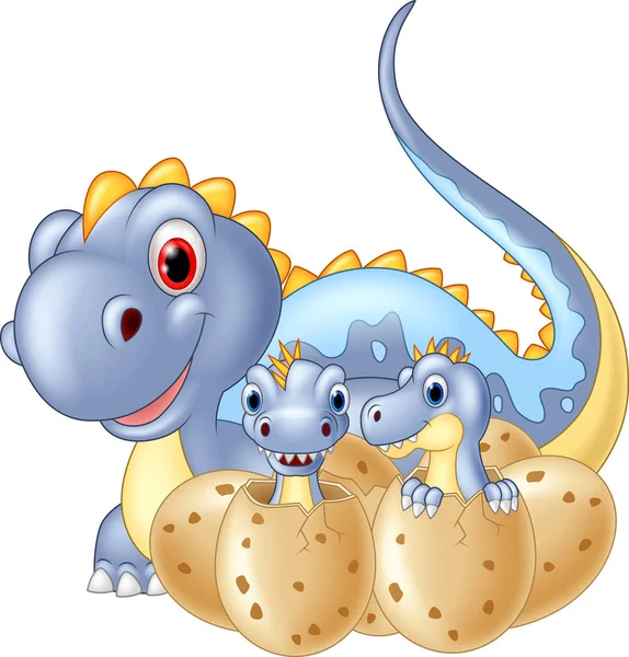 Cartoon Happy Mor Och Baby Dinosaurie Kläckning — Stock vektor