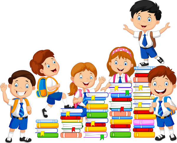 Happy schoolkids playing with stack of book