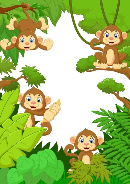 森の中で猿の愚かな顔を収集 — ストックベクタ